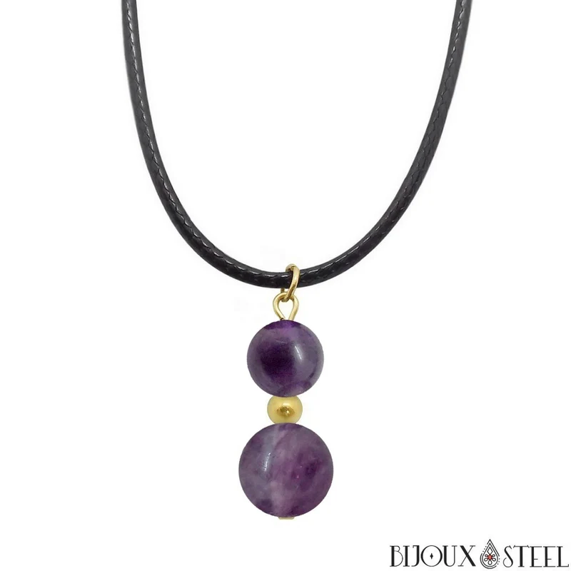 Collier à pendentif deux perles en pierre de fluorite violette