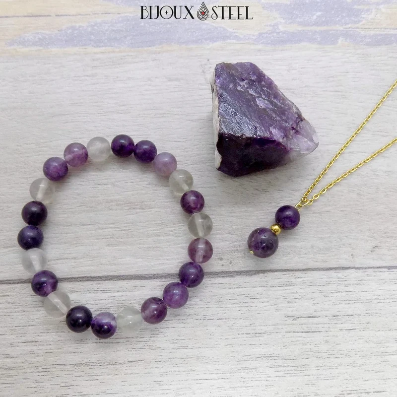Collier à pendentif deux perles en pierre de fluorite violette