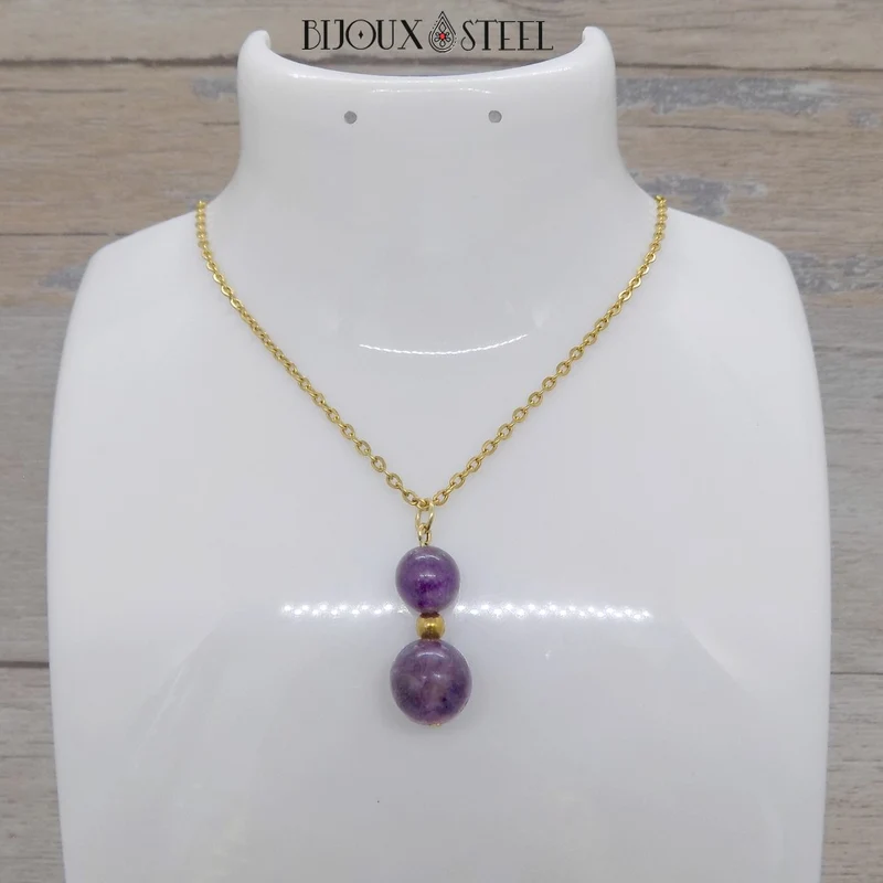 Collier à pendentif deux perles en pierre de fluorite violette