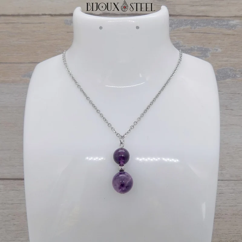 Collier à pendentif deux perles en pierre de fluorite violette