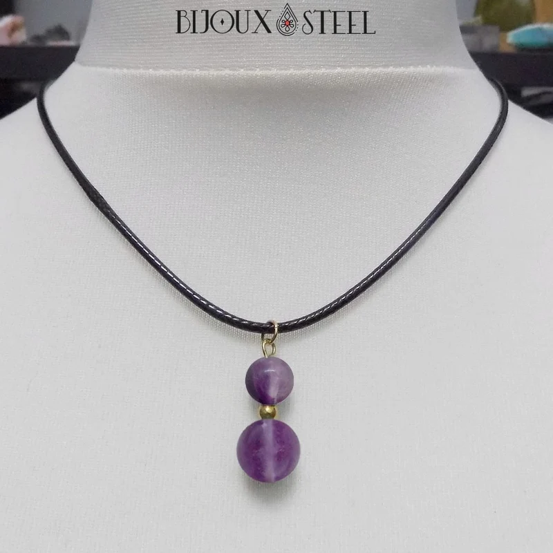 Collier à pendentif deux perles en pierre de fluorite violette
