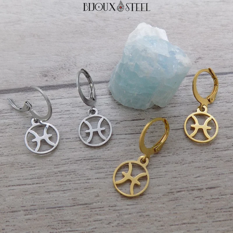 Boucles d'oreilles créoles à pendentifs signe astrologique poissons