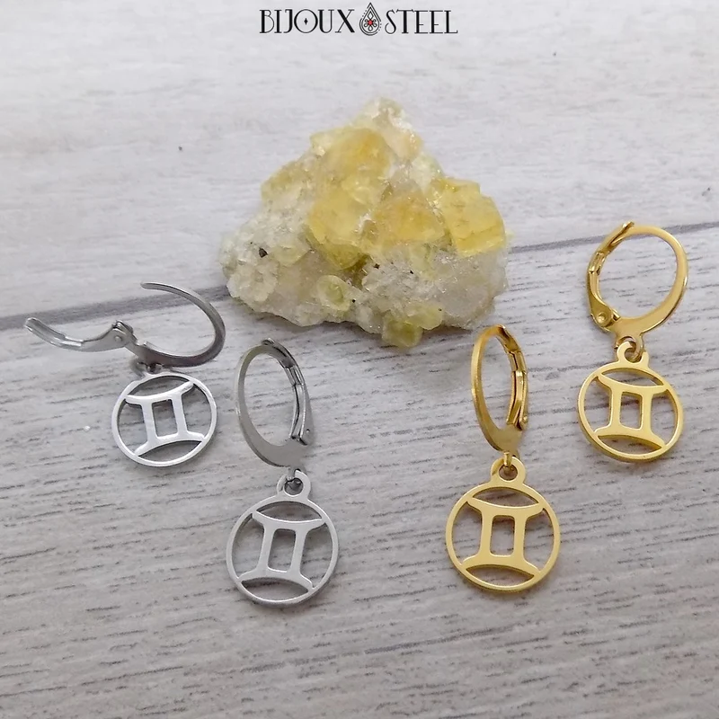 Boucles d'oreilles créoles à pendentifs signe astrologique gémeaux