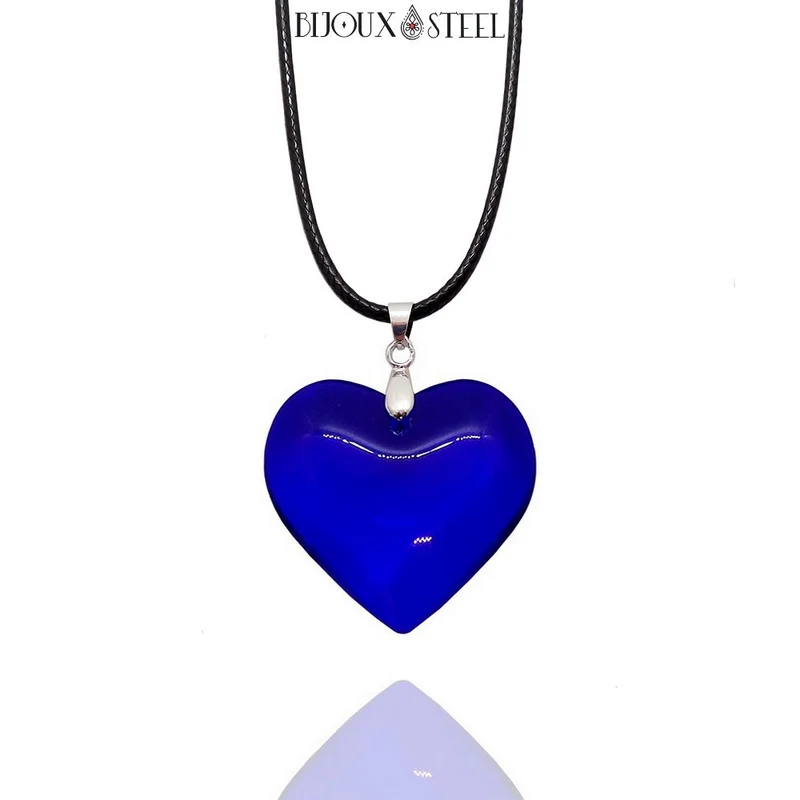 Collier à pendentif cœur bleu en verre
