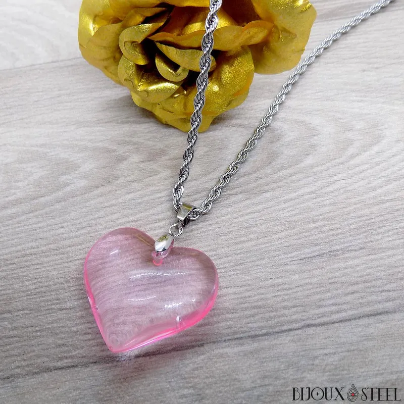 Collier à pendentif cœur rose en verre