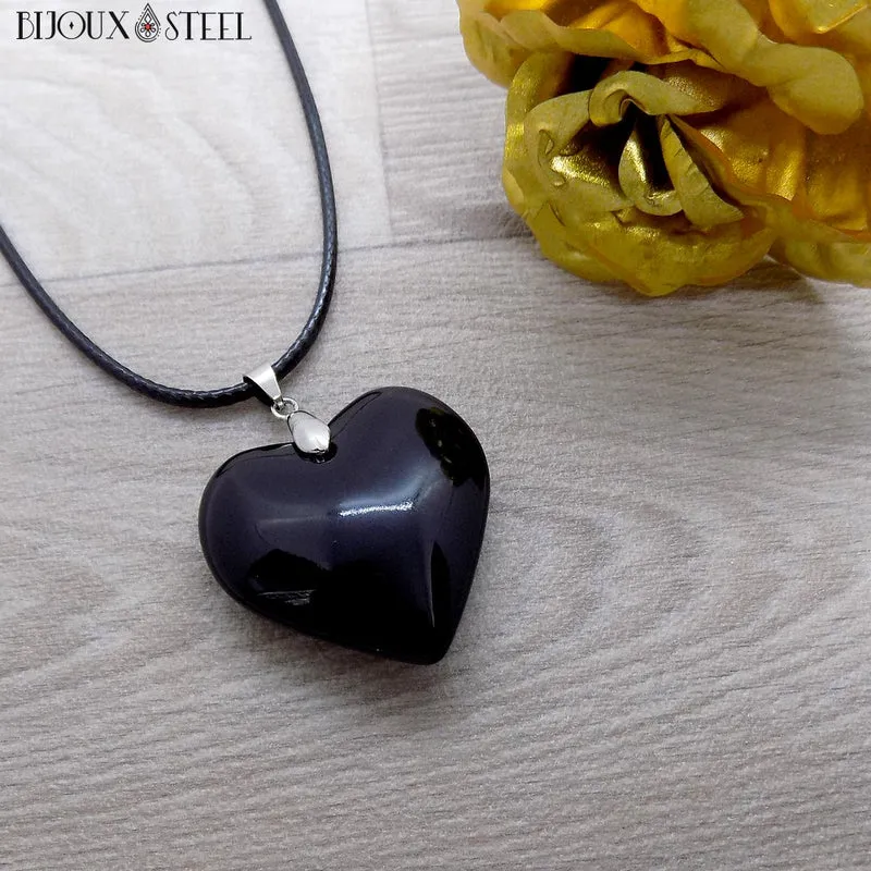 Collier à pendentif cœur noir en verre