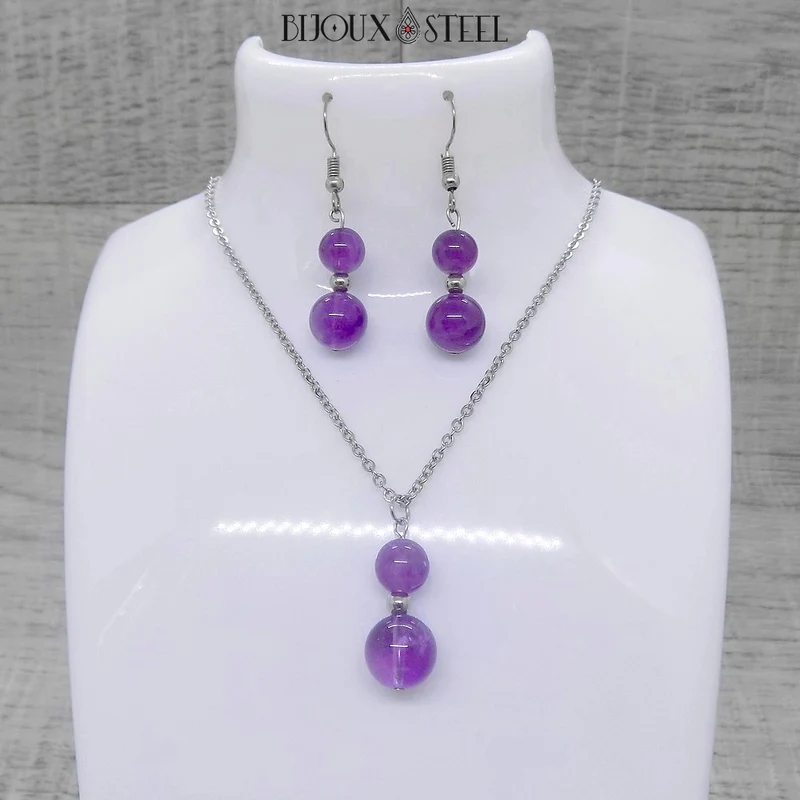 Parure améthyste en pierre naturelle et acier inoxydable