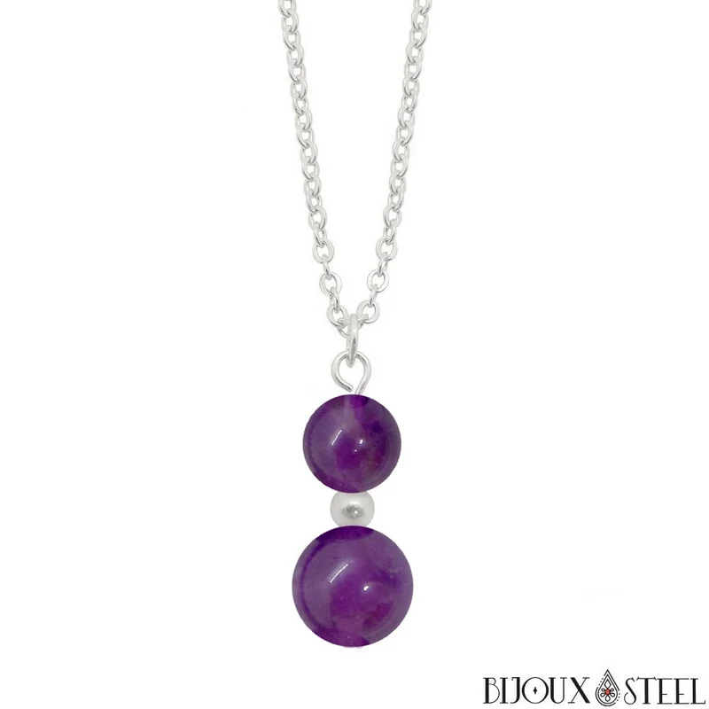 Collier à pendentif deux perles en pierre d'améthyste