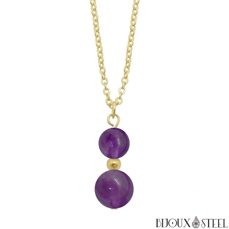 Collier à pendentif deux perles en pierre d'améthyste