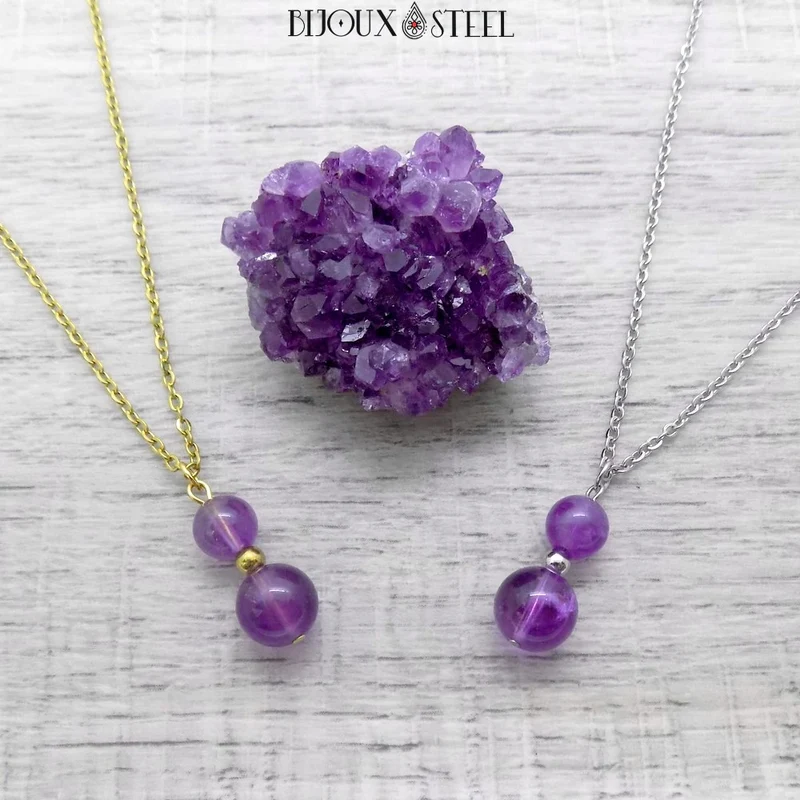 Collier à pendentif deux perles en pierre d'améthyste