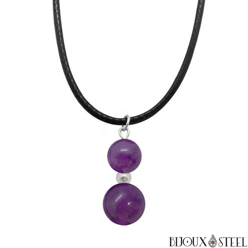 Collier à pendentif deux perles en pierre d'améthyste