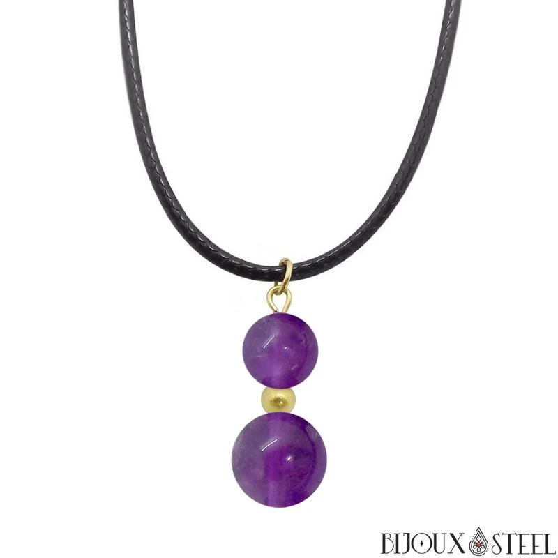 Collier à pendentif deux perles en pierre d'améthyste