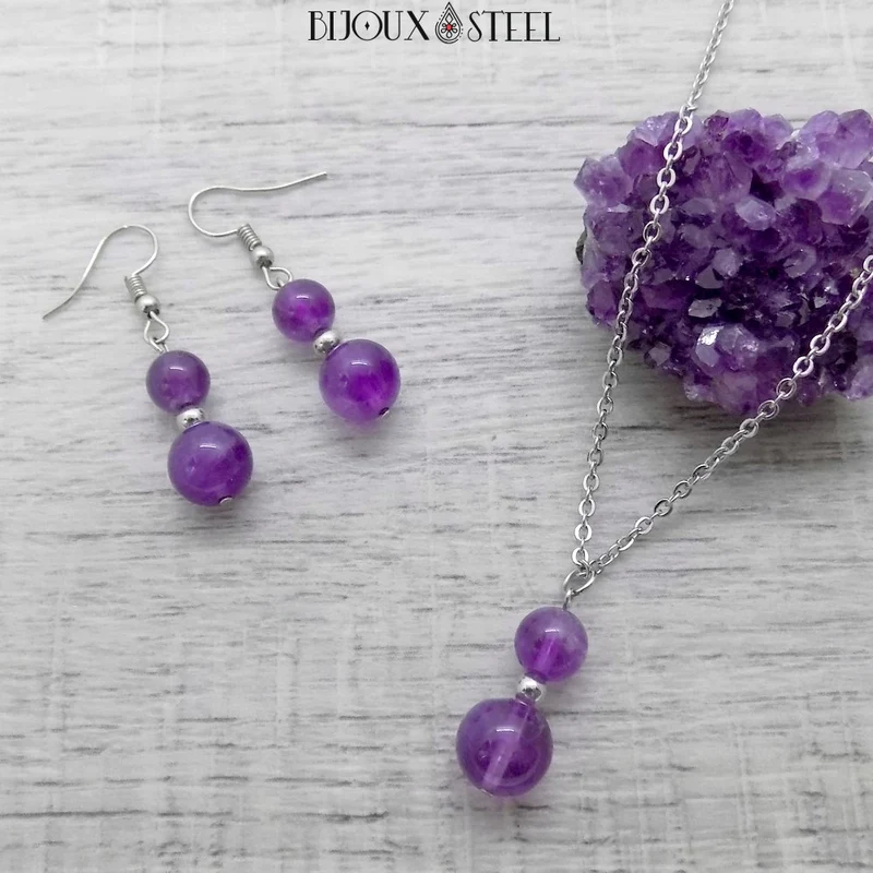Collier à pendentif deux perles en pierre d'améthyste