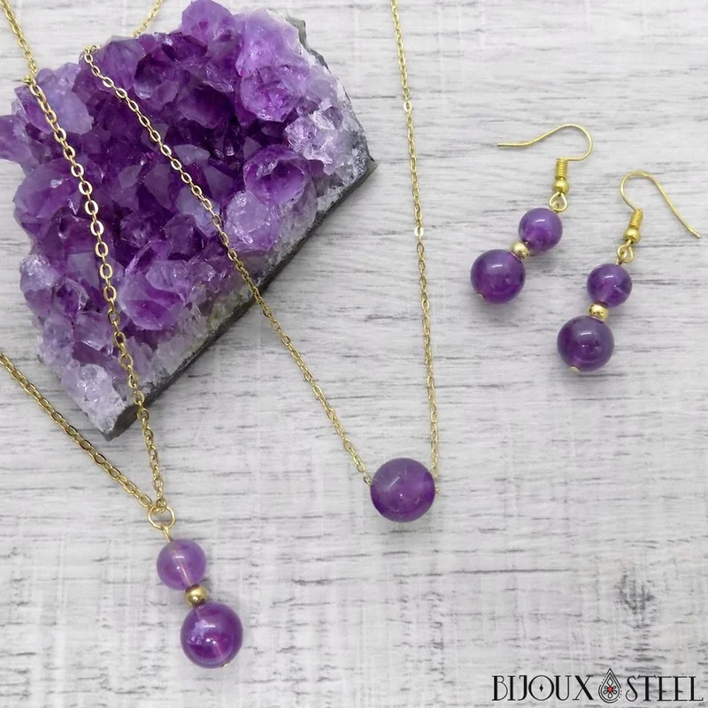 Collier à pendentif deux perles en pierre d'améthyste