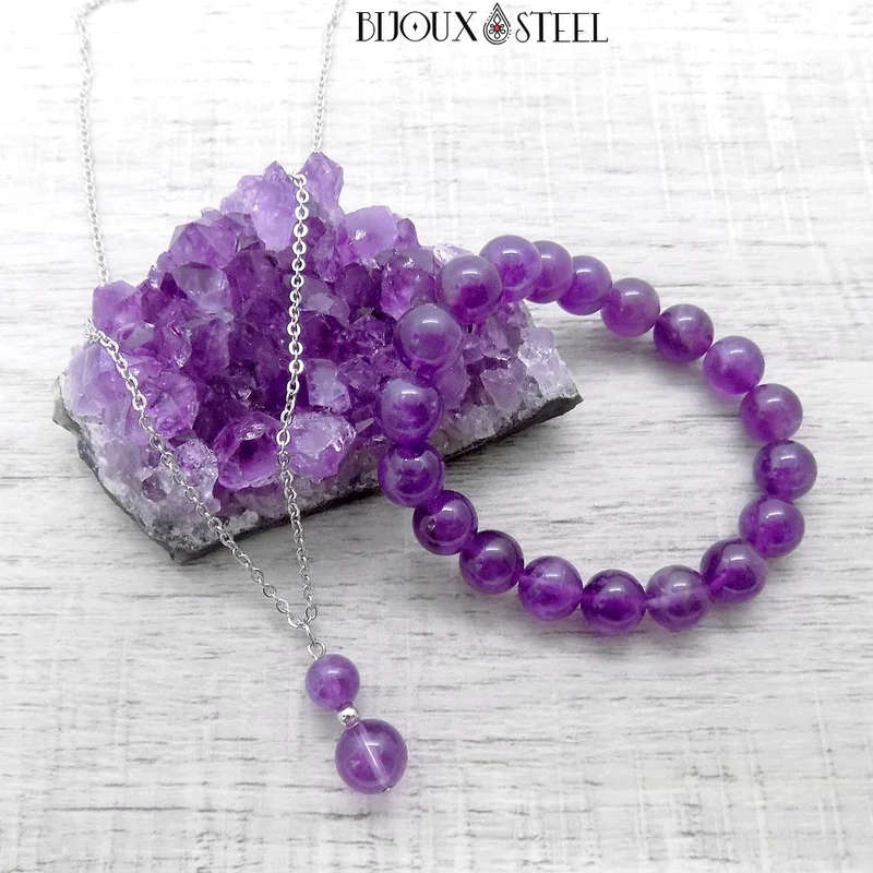Collier à pendentif deux perles en pierre d'améthyste