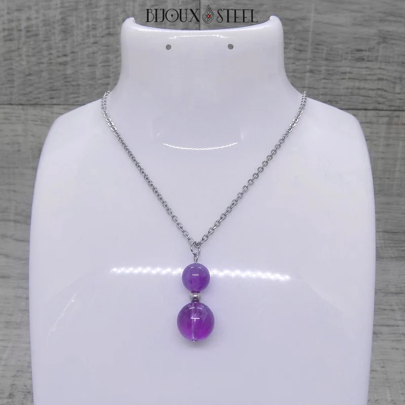 Collier à pendentif deux perles en pierre d'améthyste