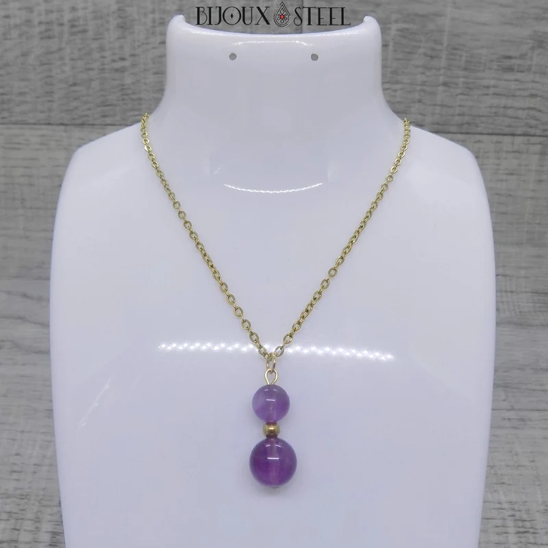 Collier à pendentif deux perles en pierre d'améthyste