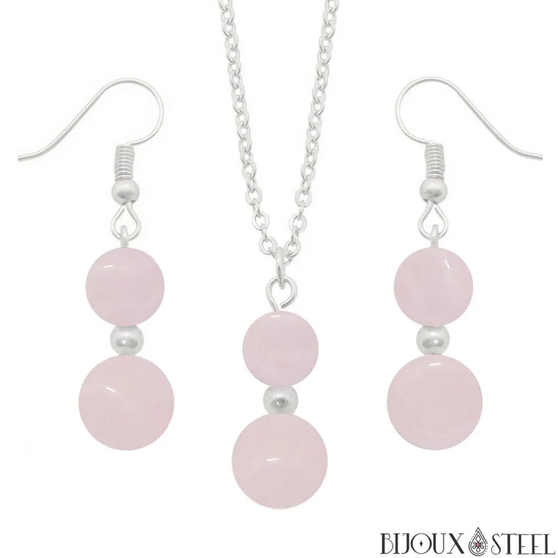 Parure quartz rose en pierre naturelle et acier inoxydable