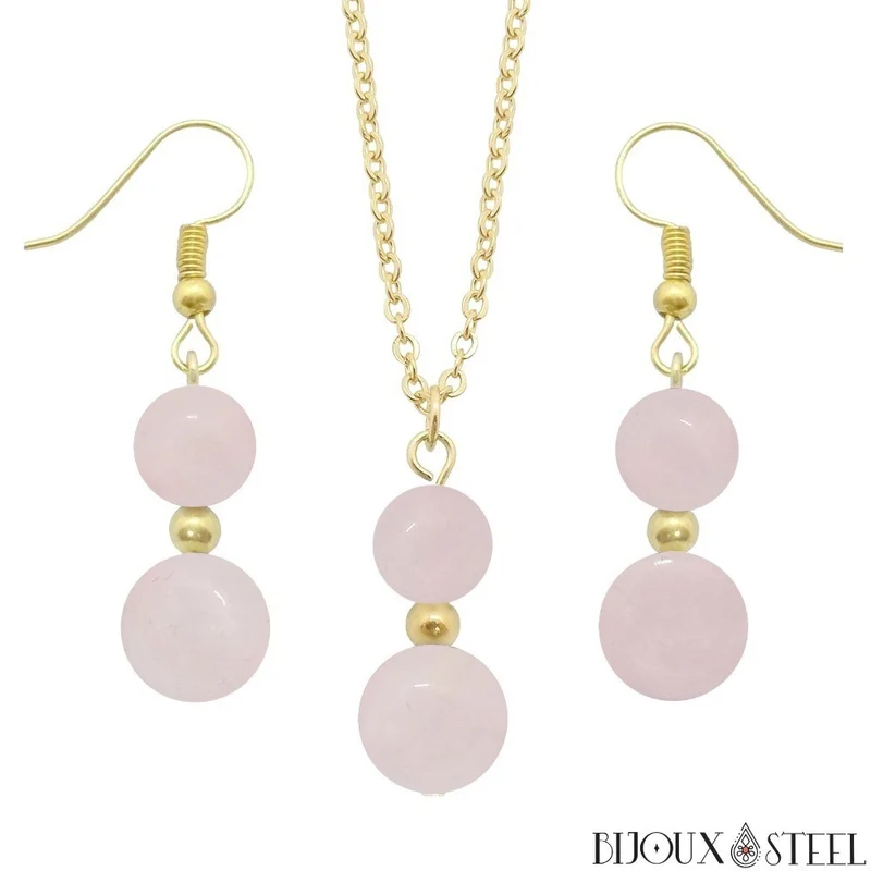 Parure quartz rose en pierre naturelle et acier inoxydable