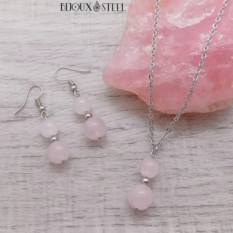 Parure quartz rose en pierre naturelle et acier inoxydable