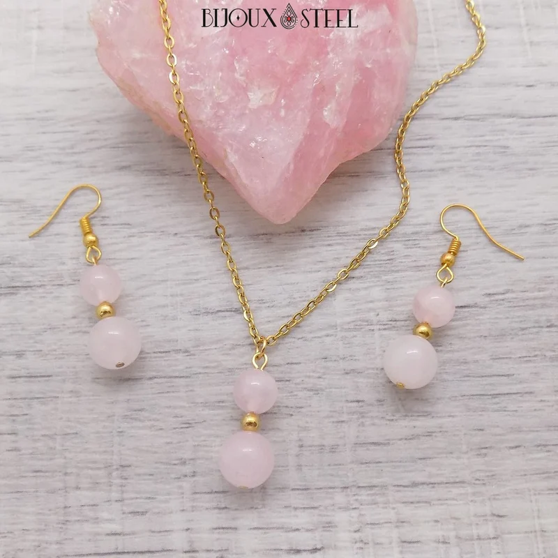 Parure quartz rose en pierre naturelle et acier inoxydable