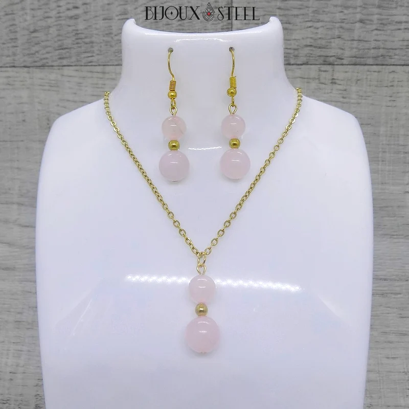 Parure quartz rose en pierre naturelle et acier inoxydable