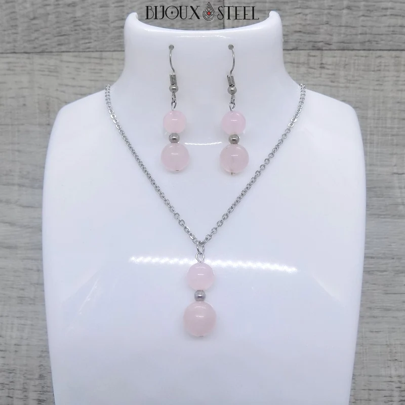 Parure quartz rose en pierre naturelle et acier inoxydable