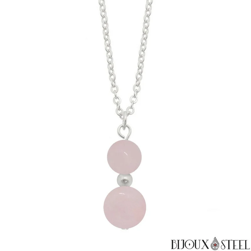 Collier à pendentif deux perles en pierre de quartz rose