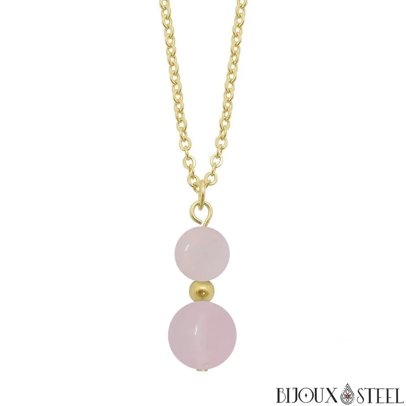 Collier à pendentif deux perles en pierre de quartz rose