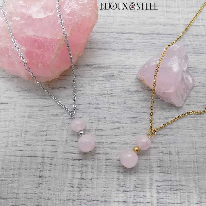 Collier à pendentif deux perles en pierre de quartz rose