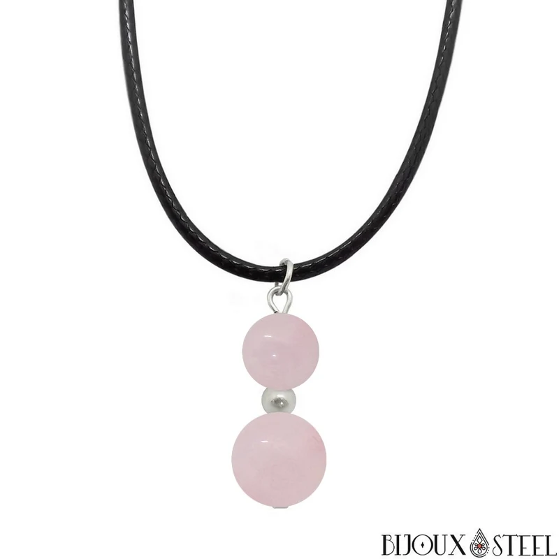 Collier à pendentif deux perles en pierre de quartz rose