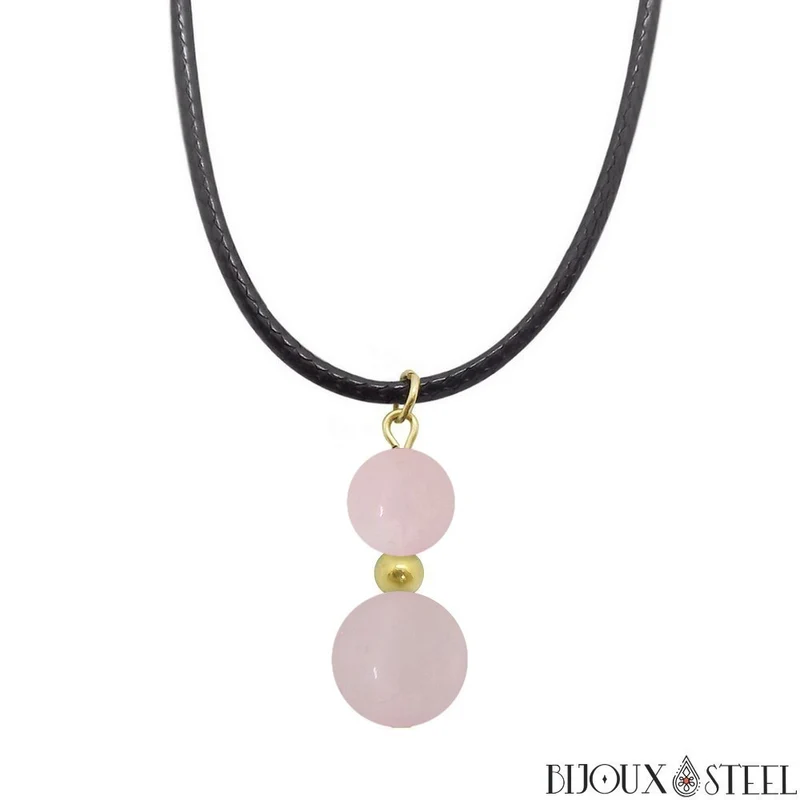 Collier à pendentif deux perles en pierre de quartz rose