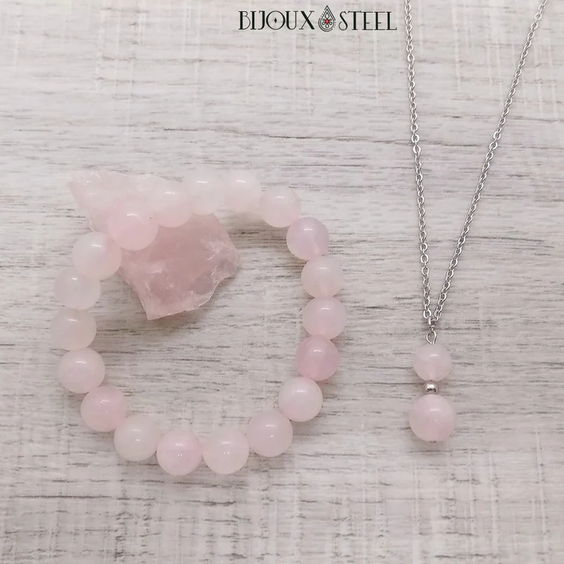 Collier à pendentif deux perles en pierre de quartz rose