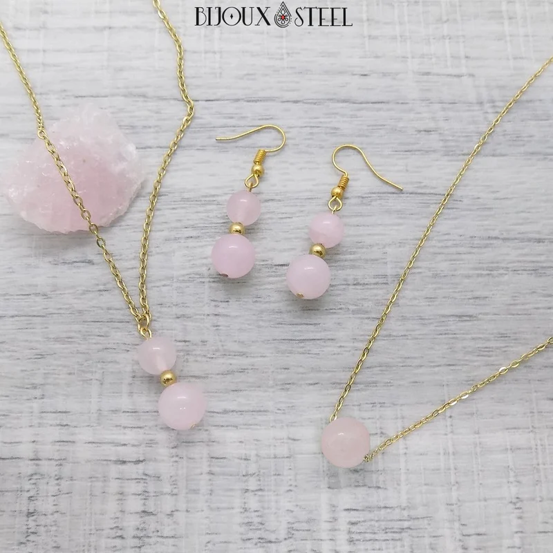 Collier à pendentif deux perles en pierre de quartz rose