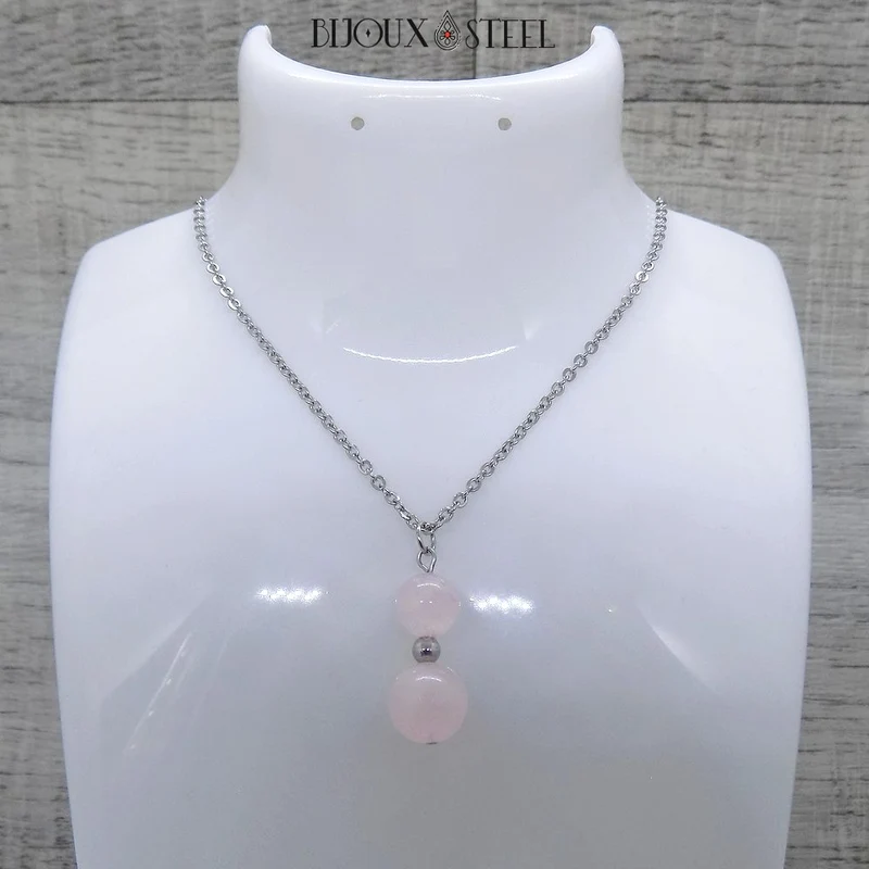 Collier à pendentif deux perles en pierre de quartz rose