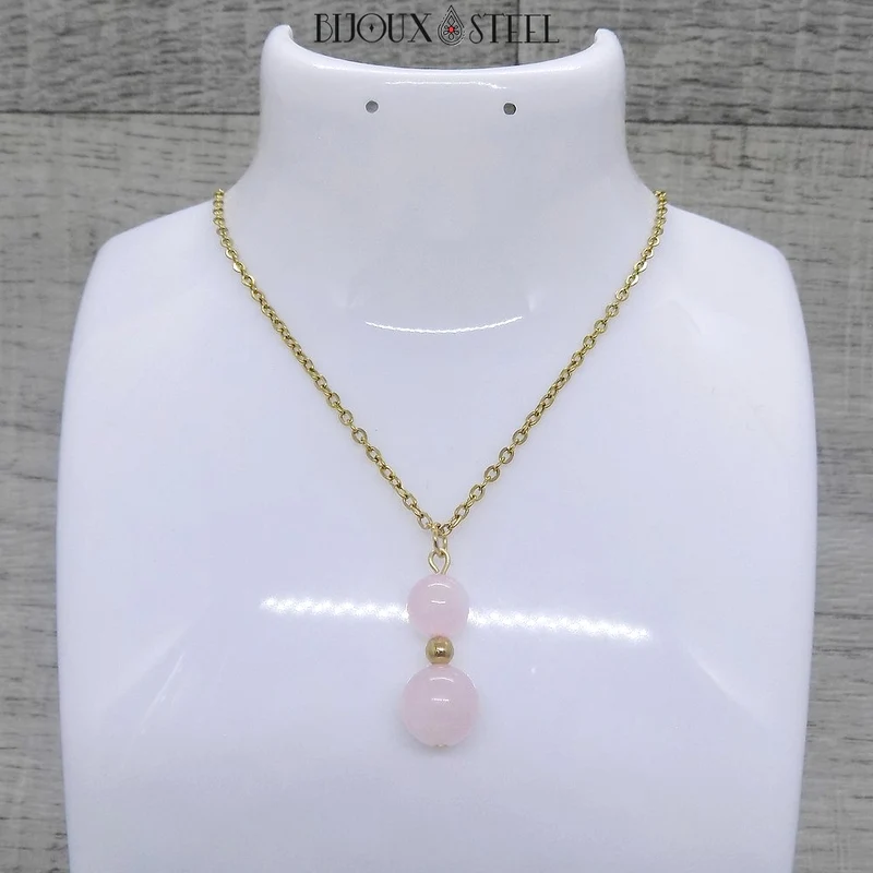 Collier à pendentif deux perles en pierre de quartz rose