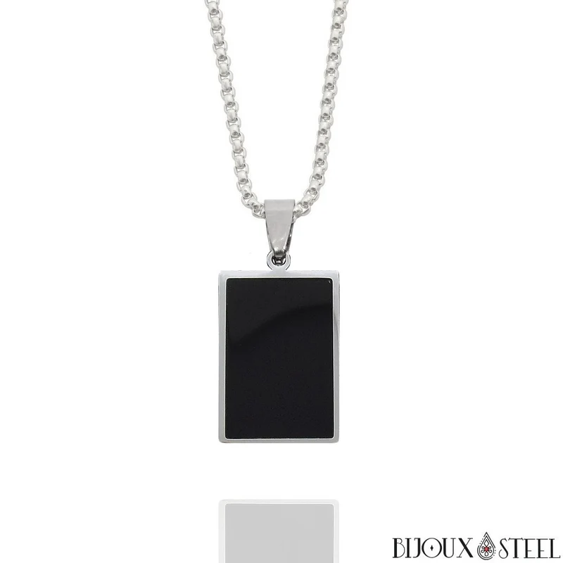 Collier à pendentif homme plaque émail noir en acier inoxydable