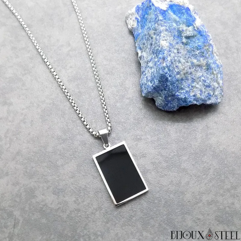 Collier à pendentif homme plaque émail noir en acier inoxydable