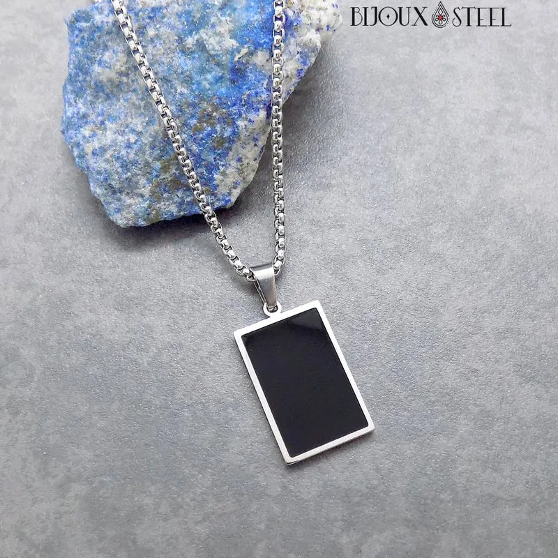 Collier à pendentif homme plaque émail noir en acier inoxydable