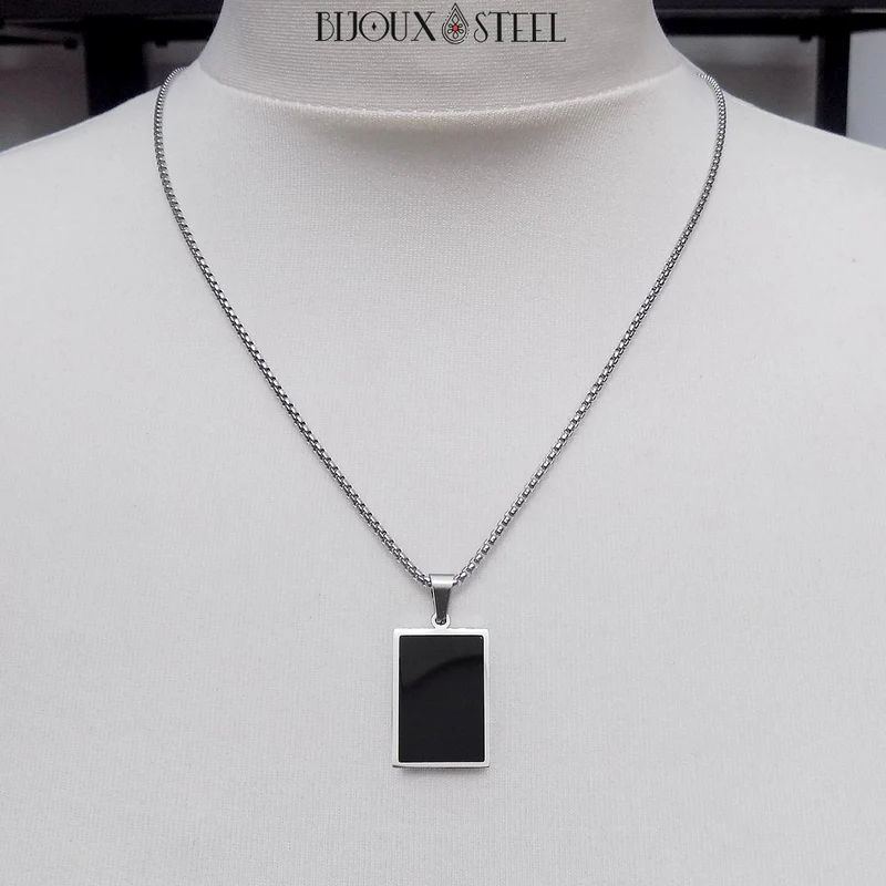 Collier à pendentif homme plaque émail noir en acier inoxydable