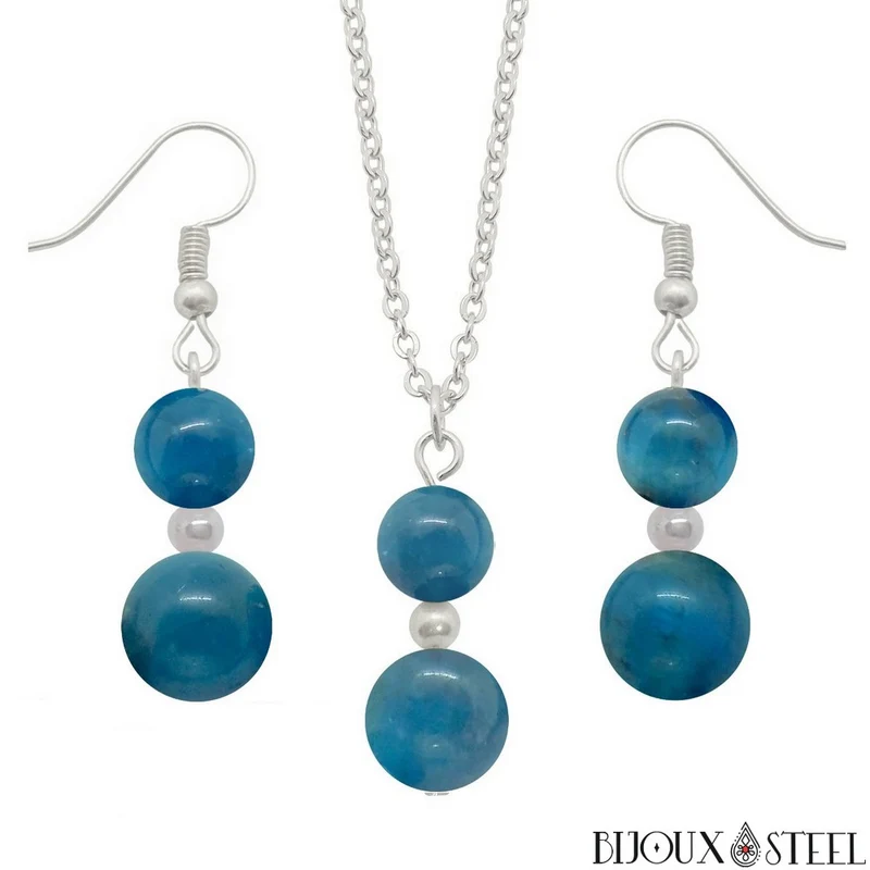 Parure apatite bleue en pierre naturelle et acier inoxydable
