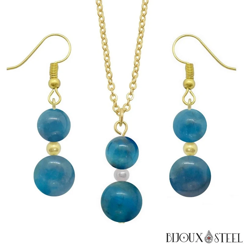 Parure apatite bleue en pierre naturelle et acier inoxydable