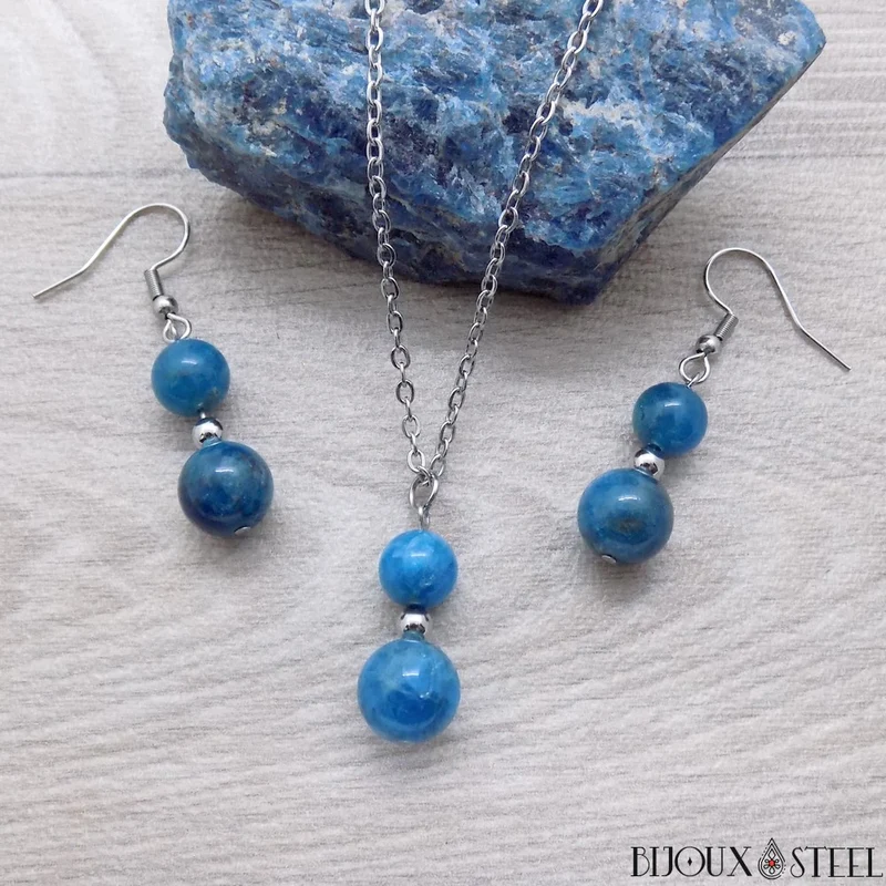 Parure apatite bleue en pierre naturelle et acier inoxydable