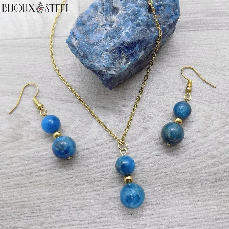Parure apatite bleue en pierre naturelle et acier inoxydable