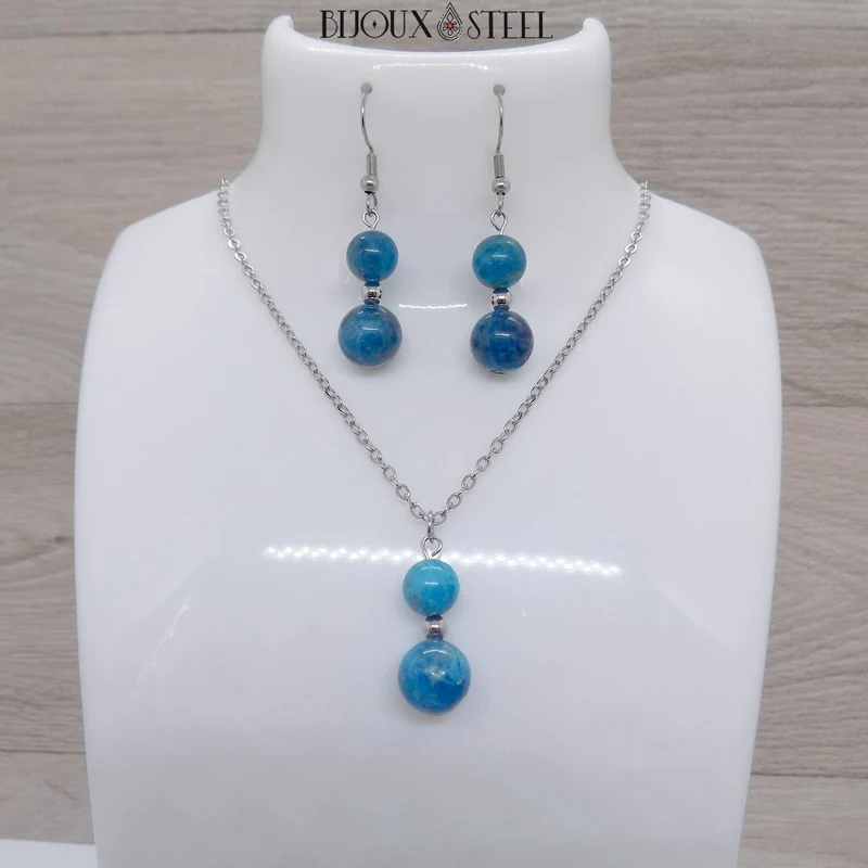 Parure apatite bleue en pierre naturelle et acier inoxydable