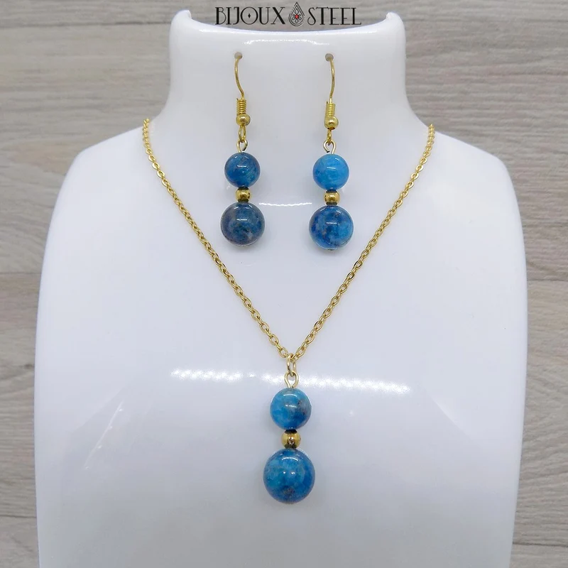 Parure apatite bleue en pierre naturelle et acier inoxydable