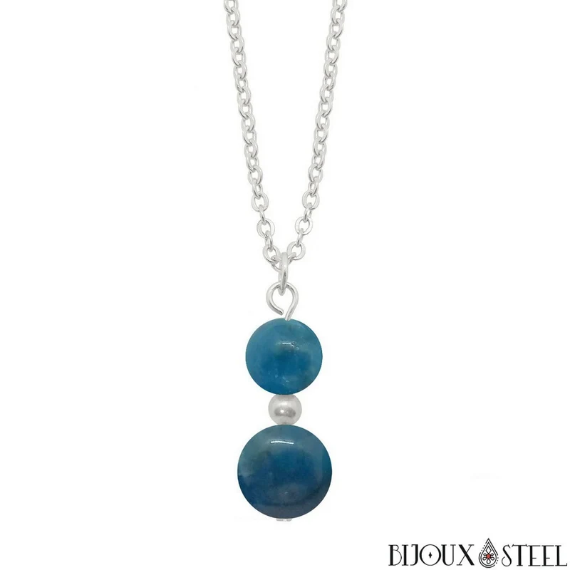 Collier à pendentif deux perles en pierre d'apatite bleue