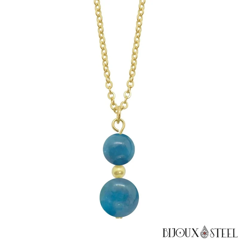 Collier à pendentif deux perles en pierre d'apatite bleue