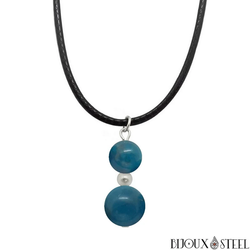 Collier à pendentif deux perles en pierre d'apatite bleue