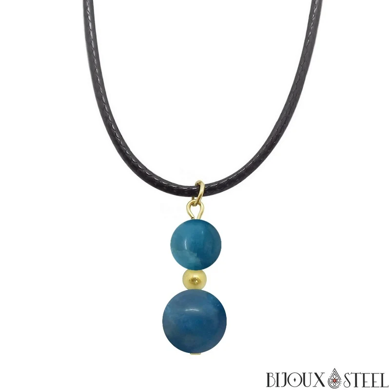 Collier à pendentif deux perles en pierre d'apatite bleue